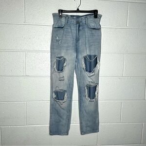 < Kancan Paperbag Waist Distressed Mom Jeans >